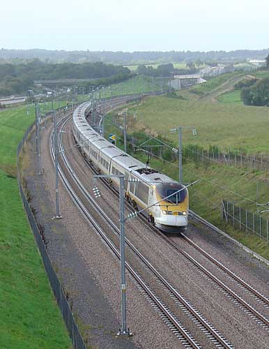 Eurostar train on new tracks, Charing, Kent; October 2nd, 2004