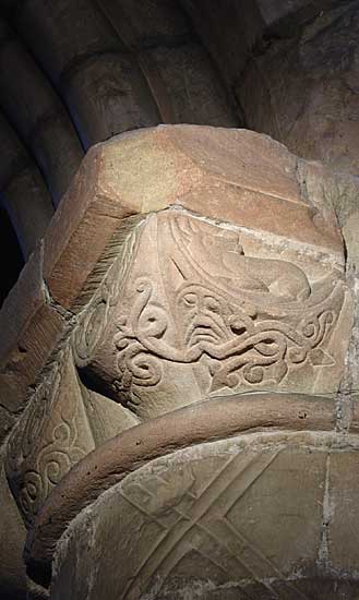 Head and animal figure on column, Parish Church, Kirkby Lonsdale, Cumbria; November 27th, 2004