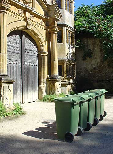 A row of refuse bins at the entrance to Stanway House in Gloucestershire; September 1st, 2004